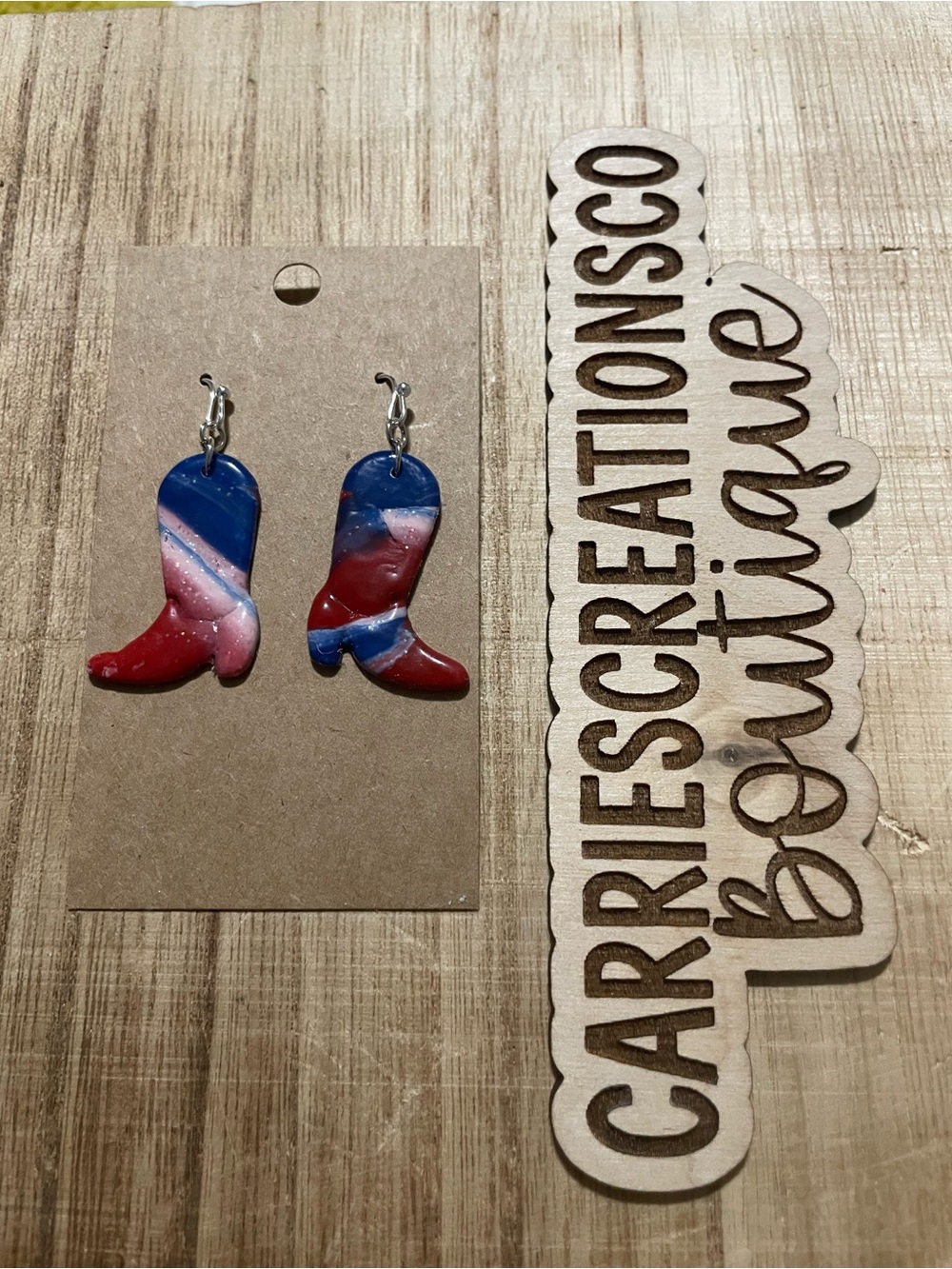 Handmade Cowboy Boot Earrings in Red, Blue & white